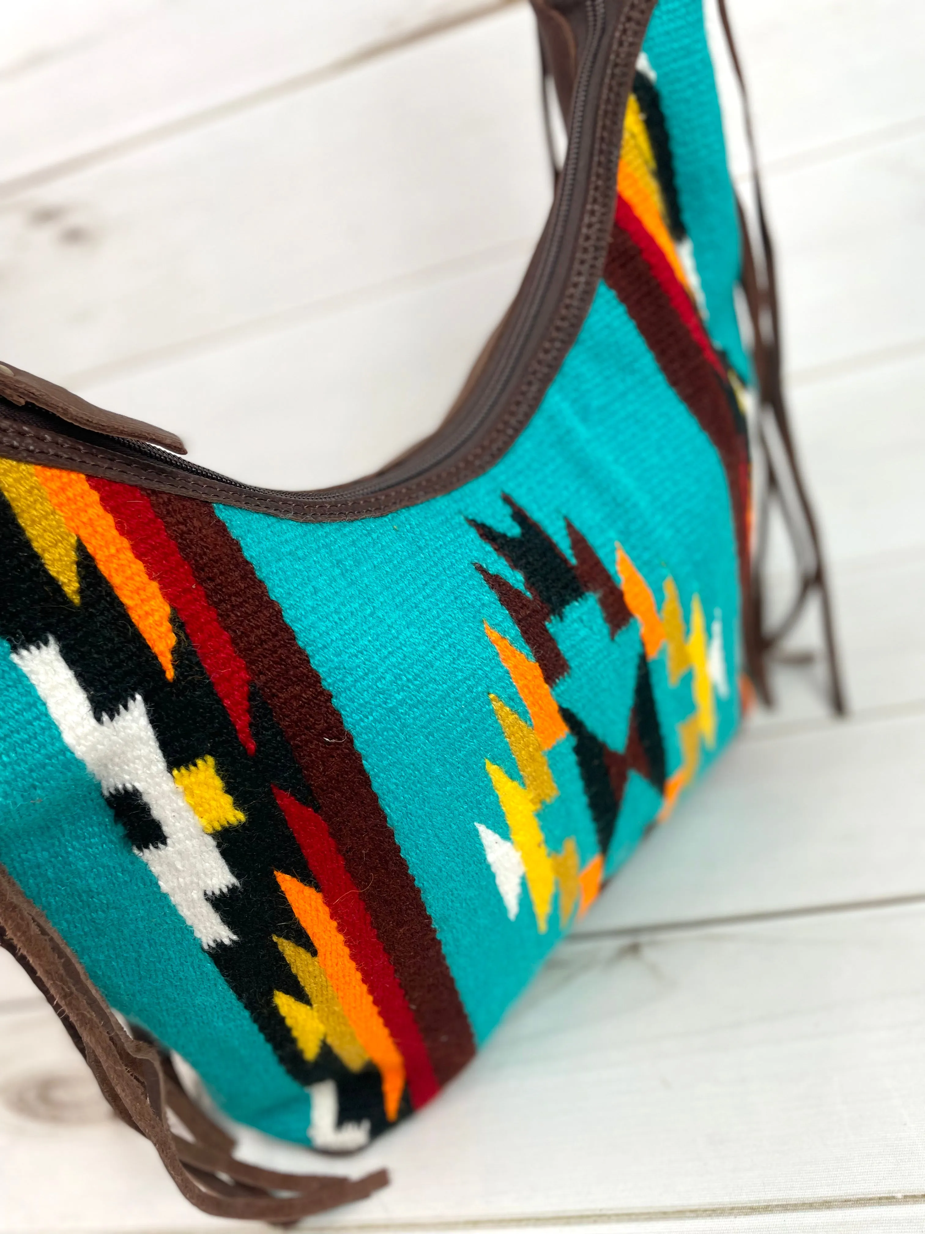 Turquoise Sunset Wool Pattern Hobo Leather Fringe Handbag