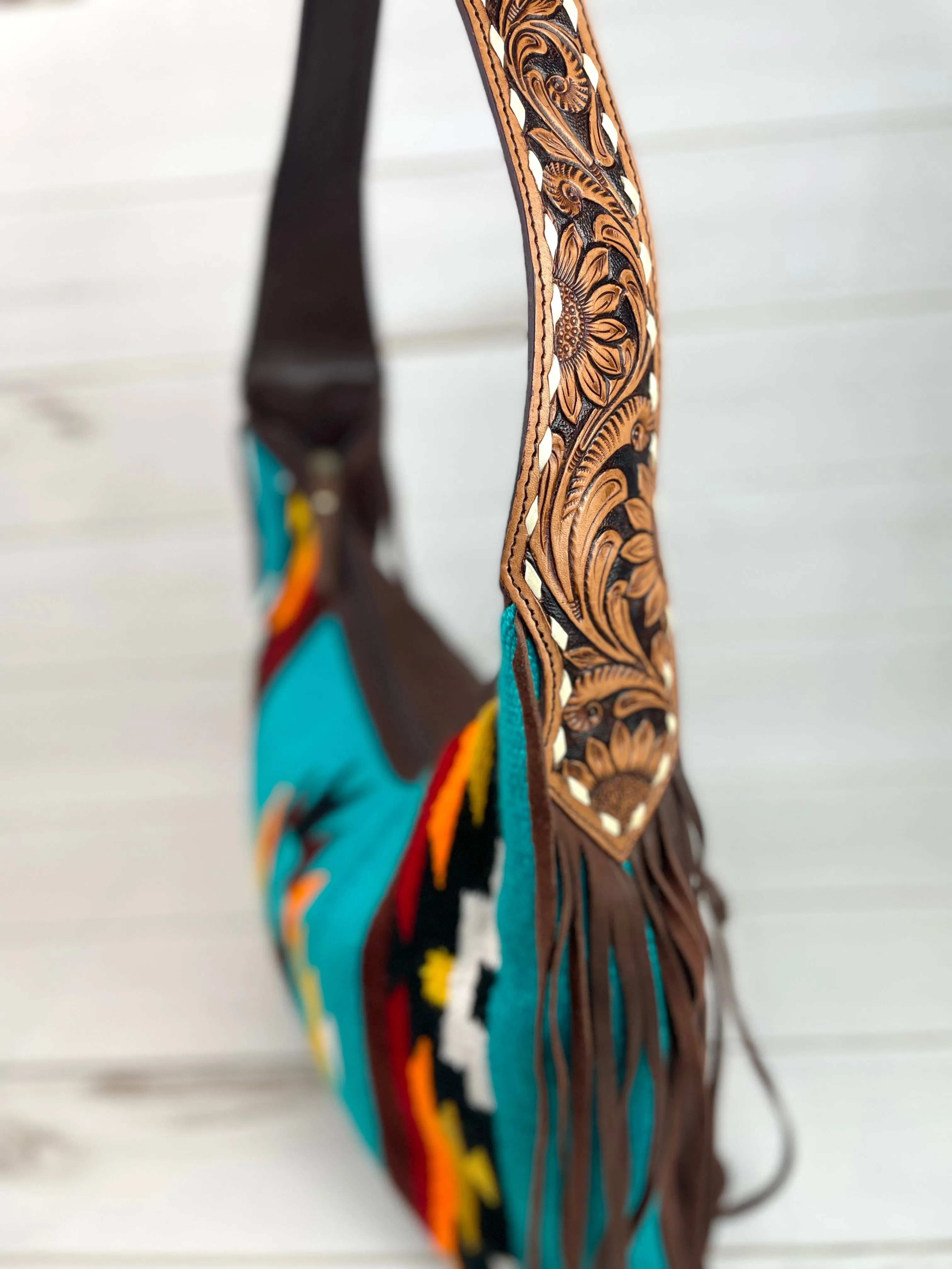 Turquoise Sunset Wool Pattern Hobo Leather Fringe Handbag