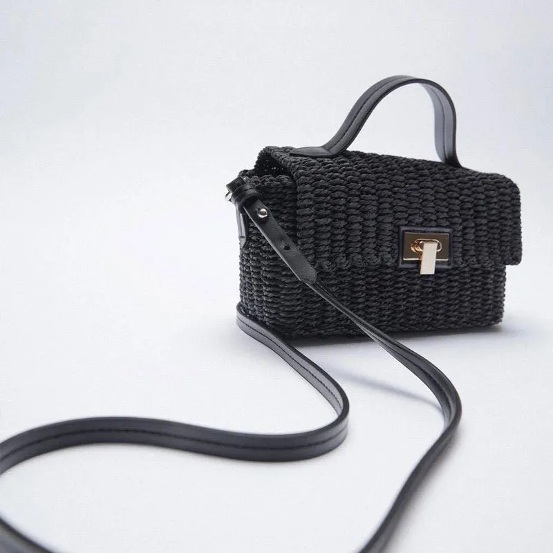 Vacation Ready Woven Trim Top Handle Crossbody Bag - Black