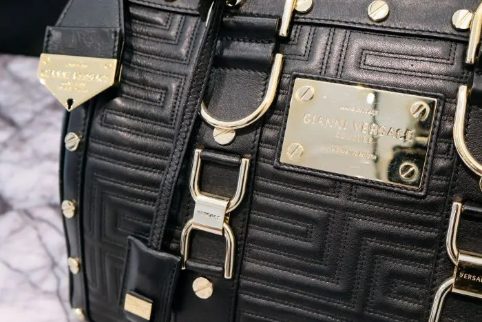 Versace Black & Gold Studded Leather Greca Quilted Tote Handbag