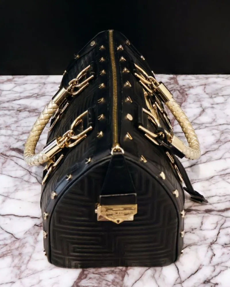 Versace Black & Gold Studded Leather Greca Quilted Tote Handbag