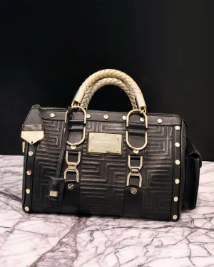 Versace Black & Gold Studded Leather Greca Quilted Tote Handbag