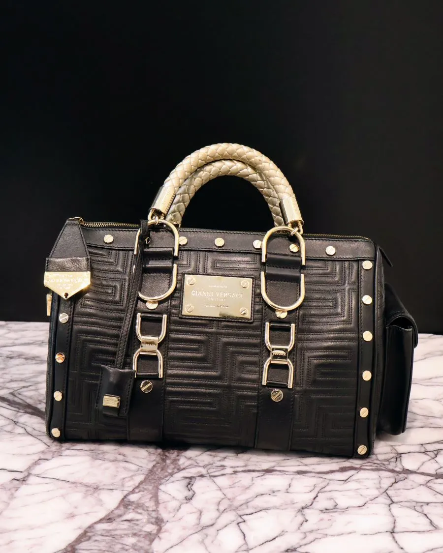 Versace Black & Gold Studded Leather Greca Quilted Tote Handbag