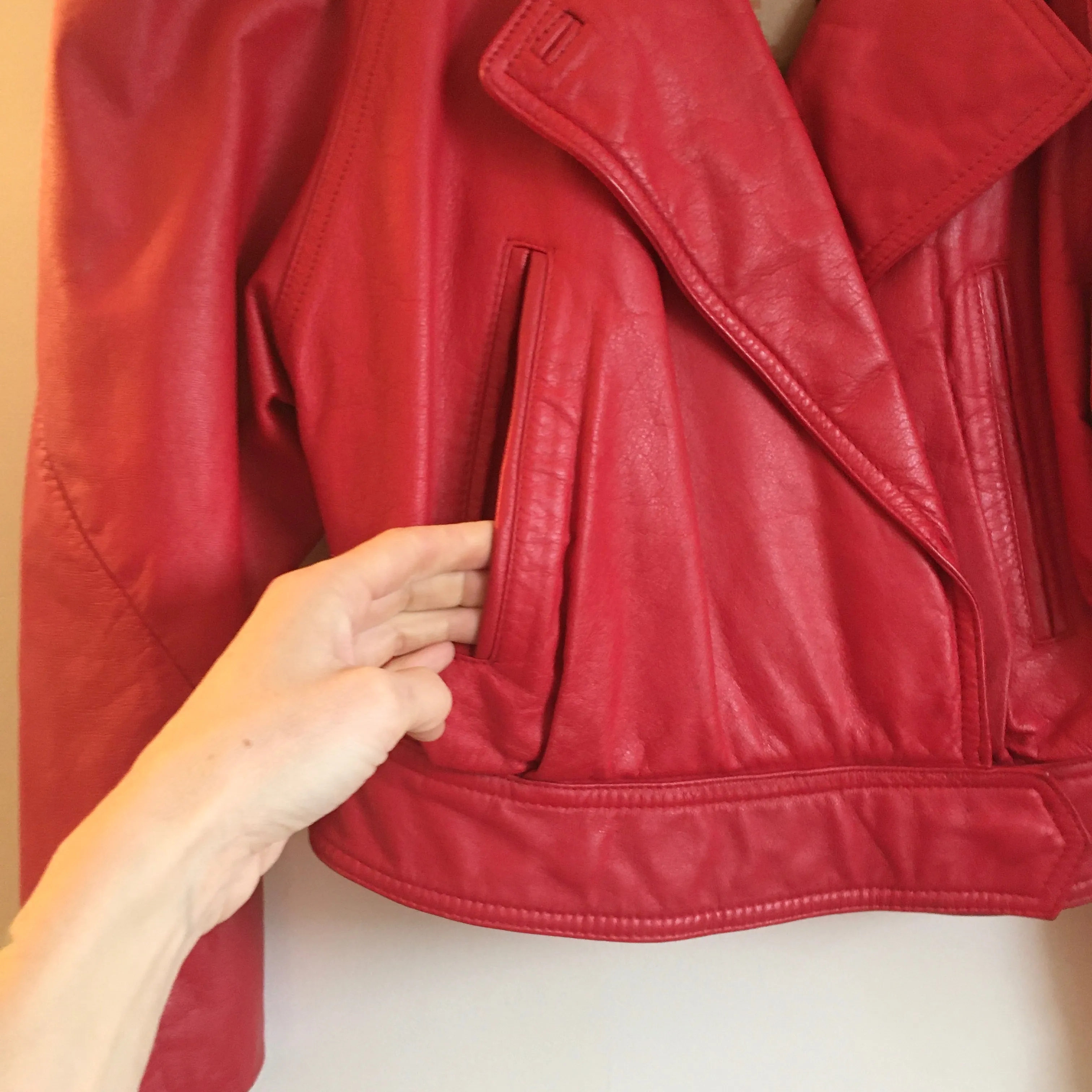 Vintage 80s Cherry Red cropped leather coat jacket by Wilsons // size 8 small medium