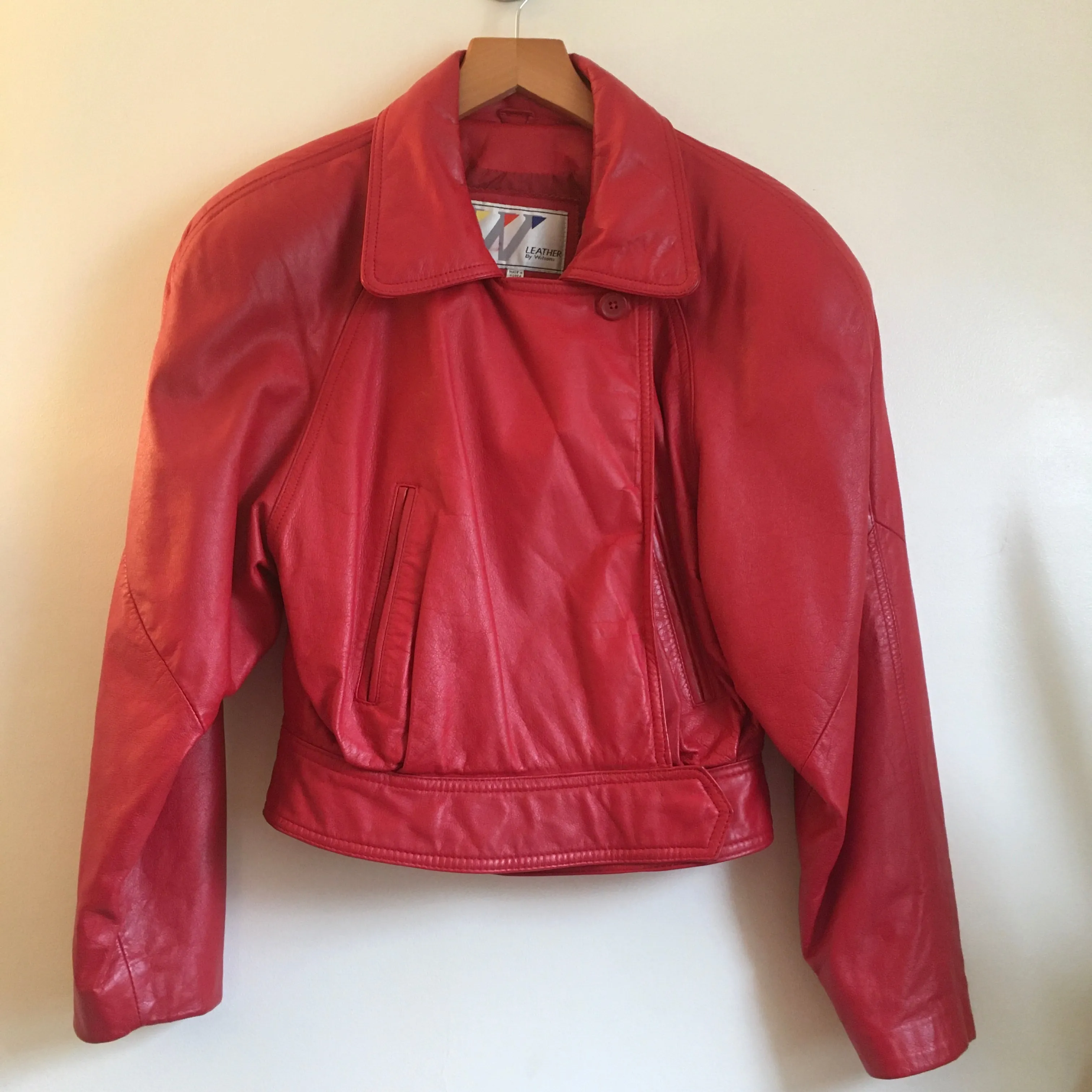 Vintage 80s Cherry Red cropped leather coat jacket by Wilsons // size 8 small medium