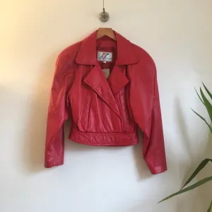 Vintage 80s Cherry Red cropped leather coat jacket by Wilsons // size 8 small medium