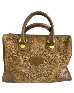 Vintage Borbonese by red wall, brown and beige leather classic bag with golden logo charm.  Unisex use. Masterpiece.