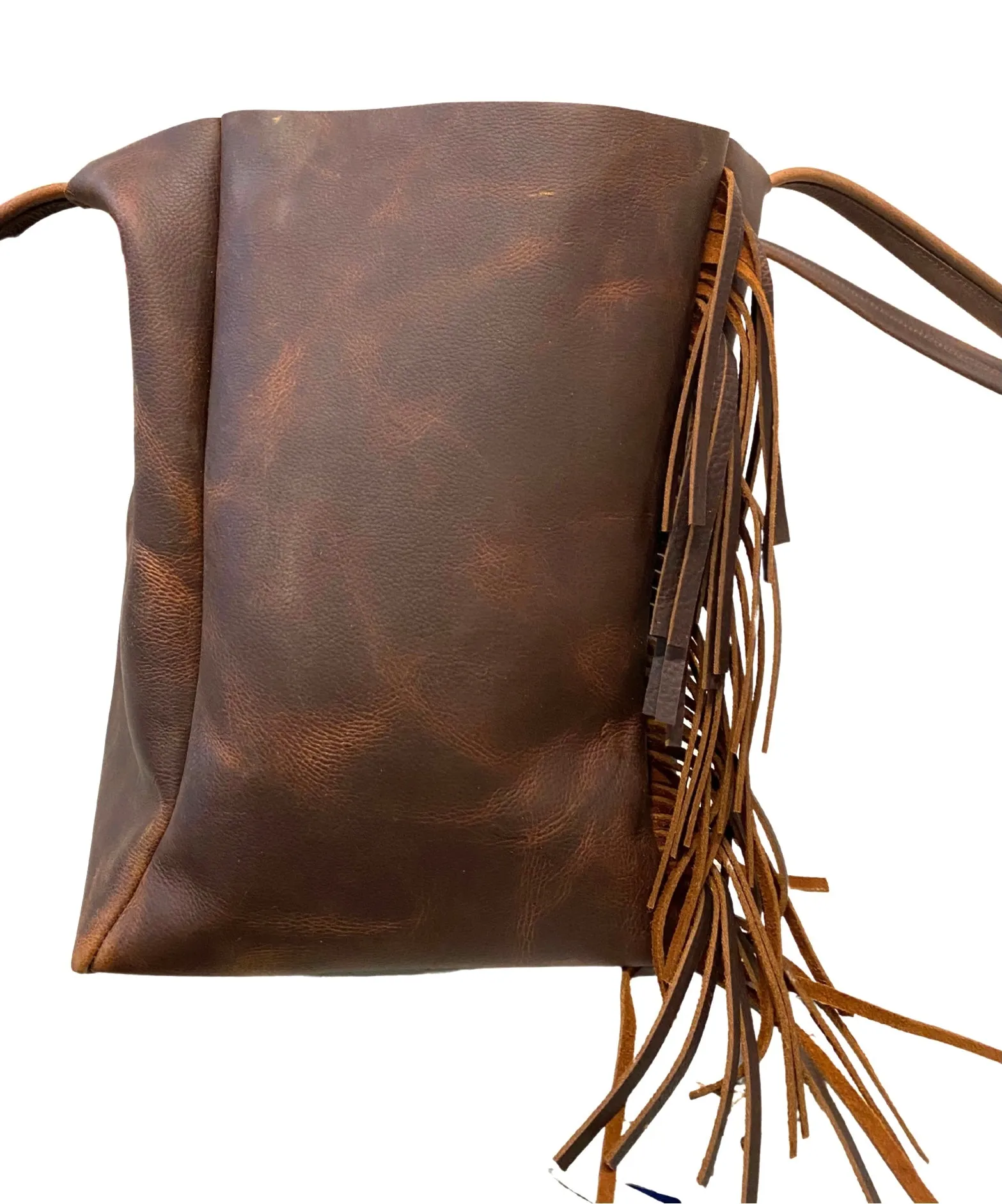 Vintage brown leather tote with side fringe