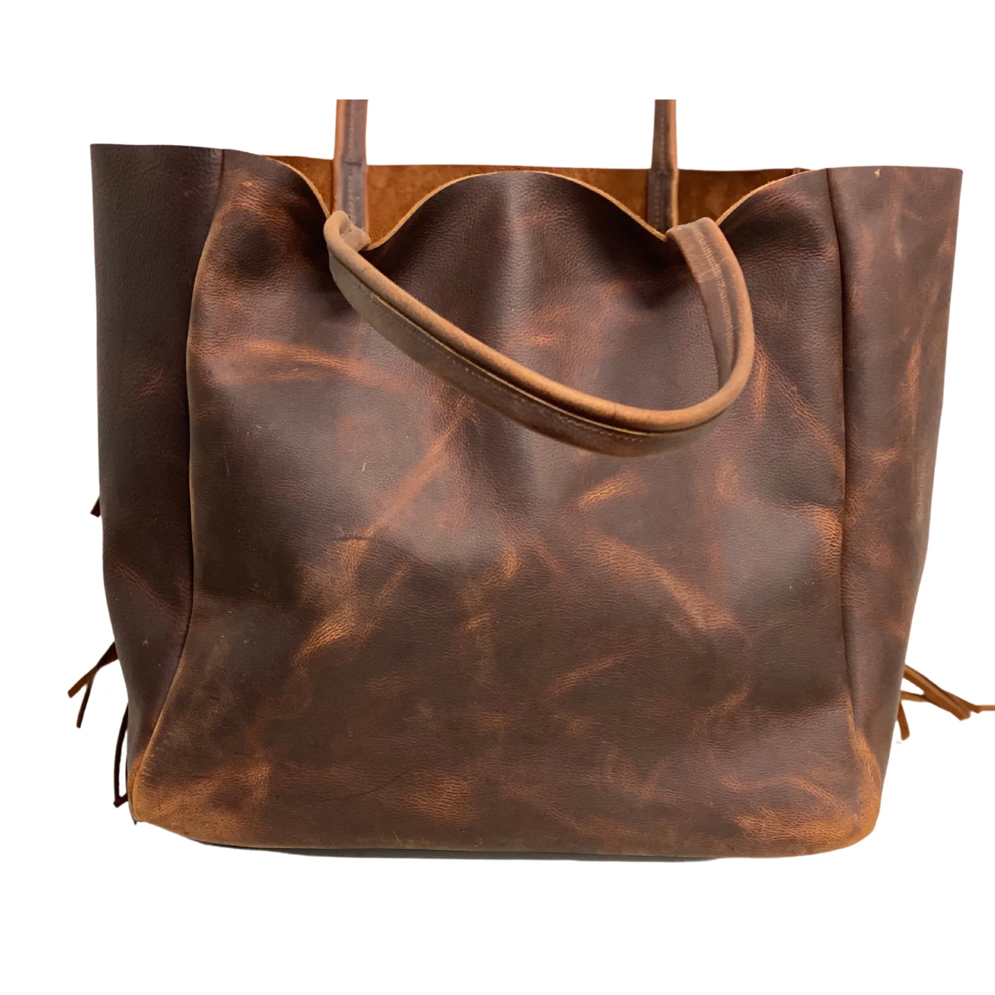Vintage brown leather tote with side fringe