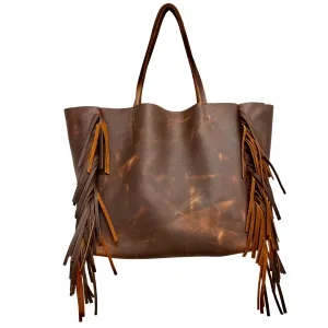Vintage brown leather tote with side fringe