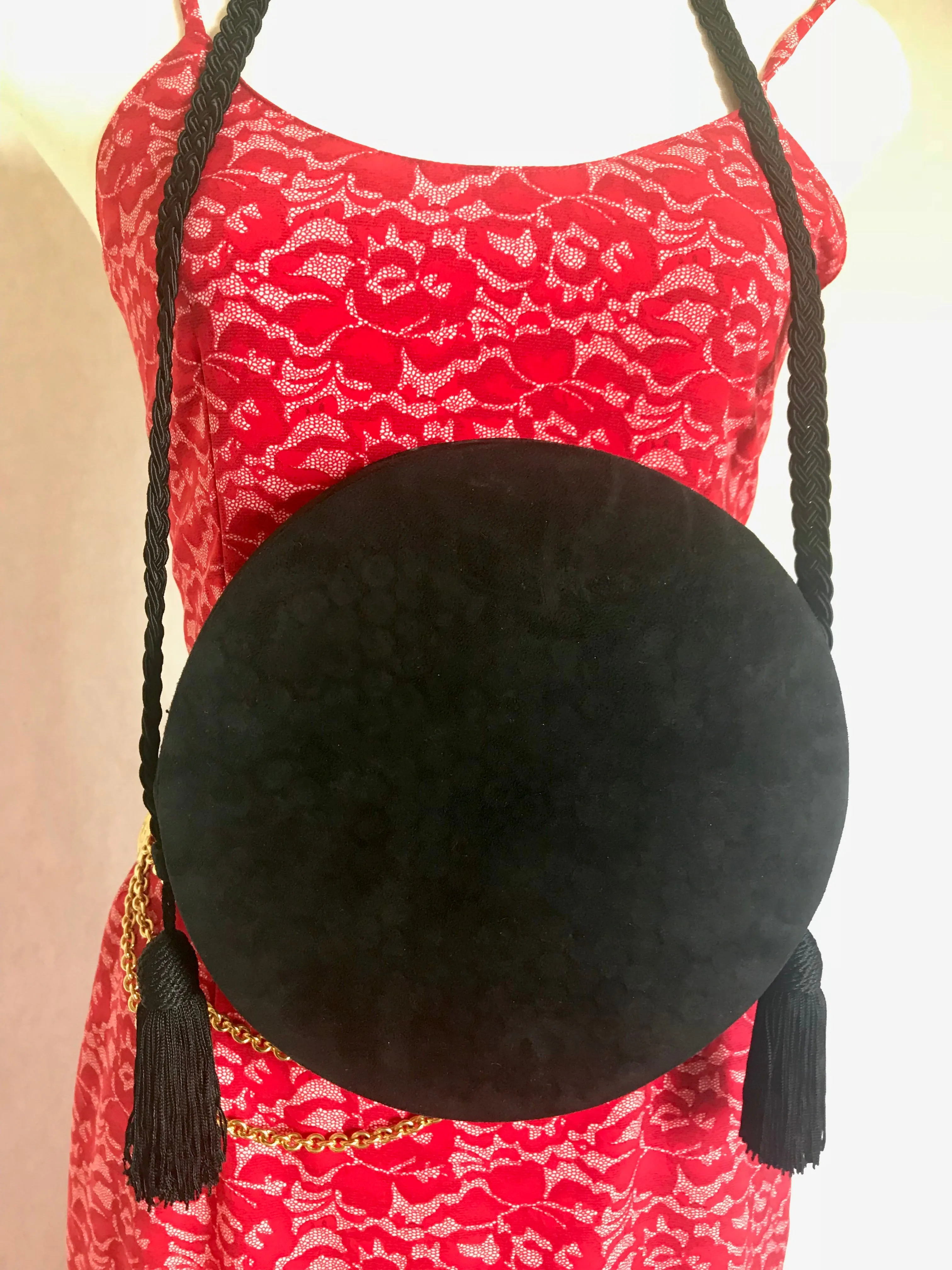 Vintage Nina Ricci black suede and green satin mix round shoulder bag with fringes and enamel star motif. Suzy Wong design. Collectible bag. 060616r3