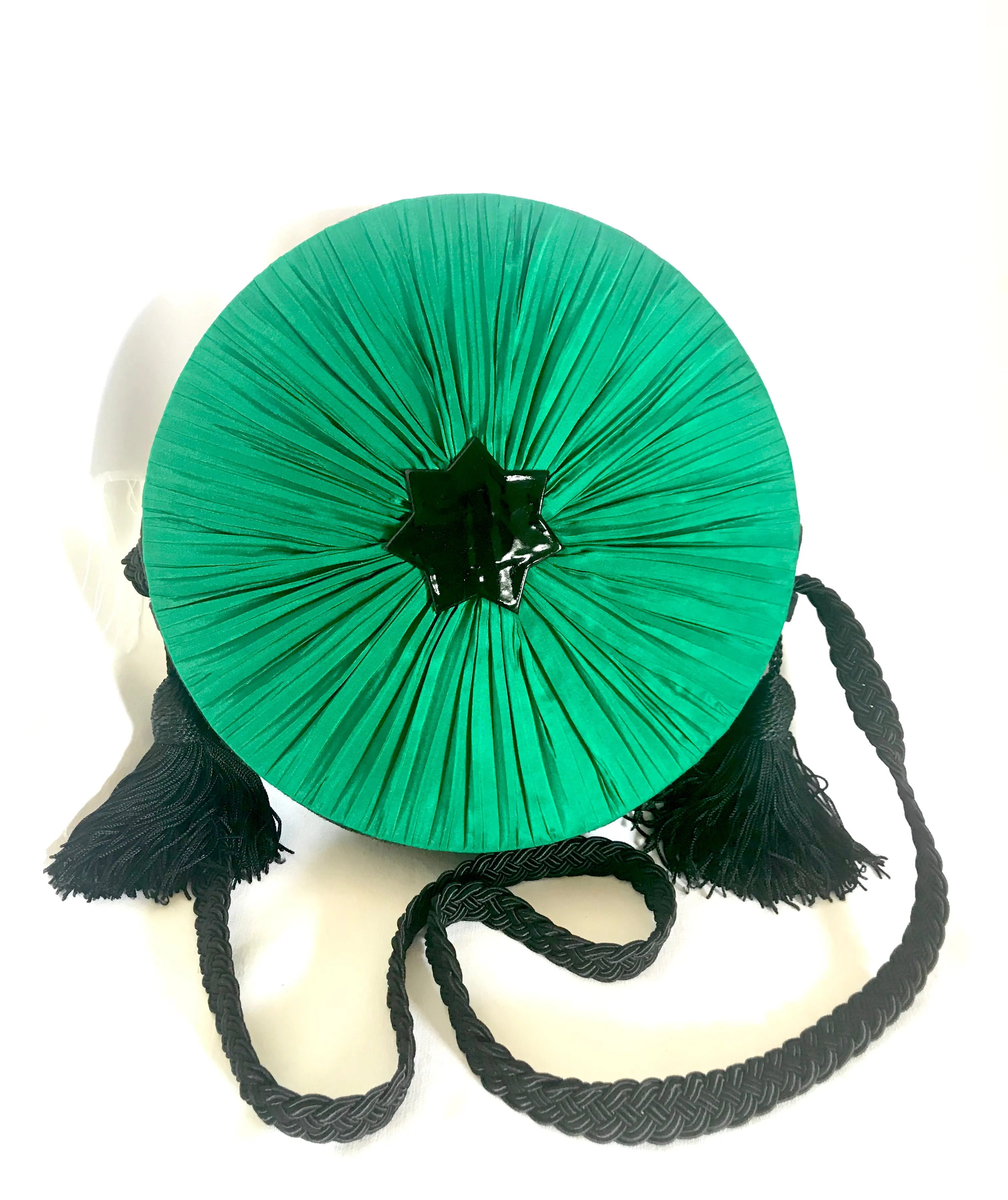 Vintage Nina Ricci black suede and green satin mix round shoulder bag with fringes and enamel star motif. Suzy Wong design. Collectible bag. 060616r3