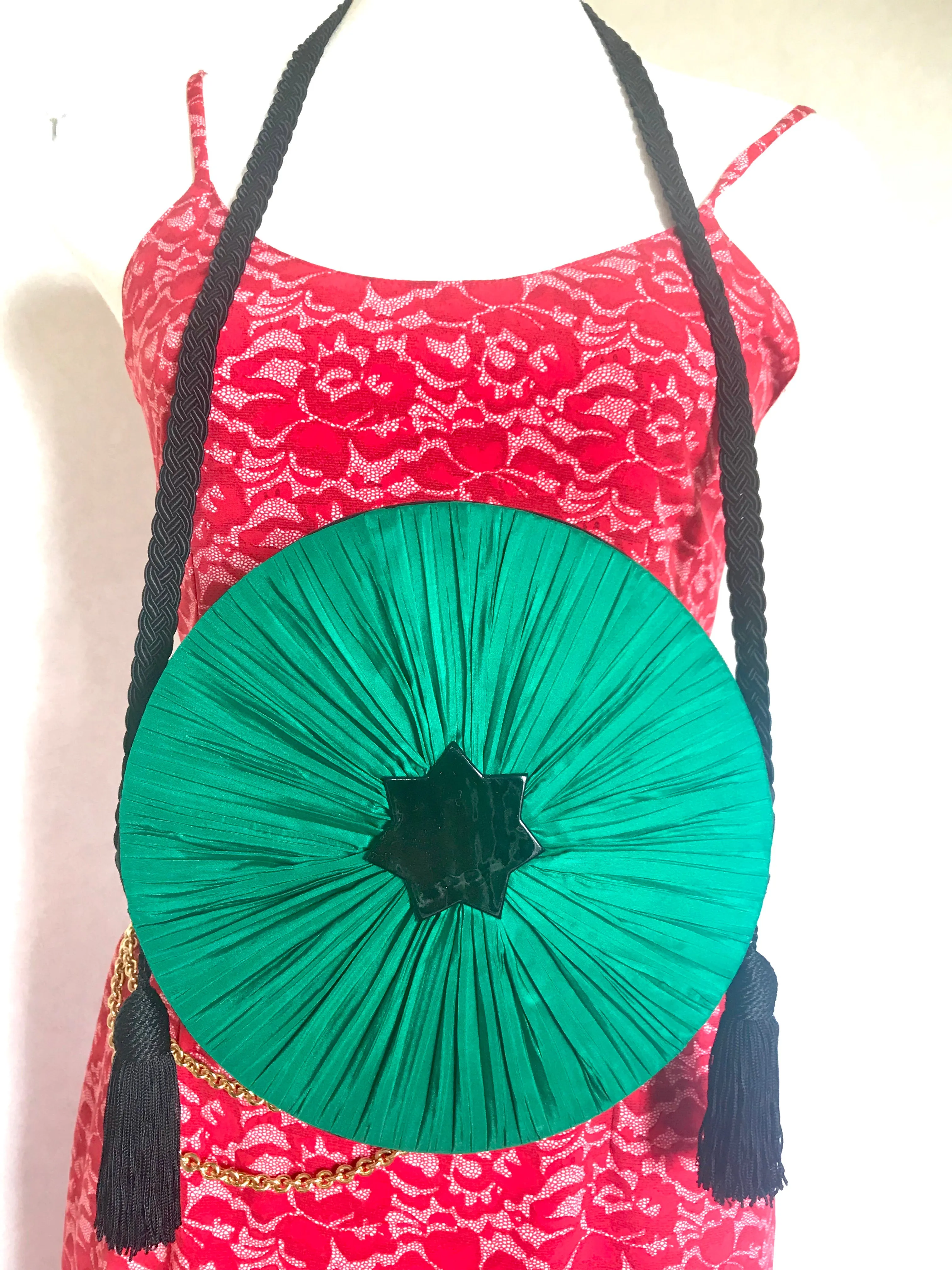 Vintage Nina Ricci black suede and green satin mix round shoulder bag with fringes and enamel star motif. Suzy Wong design. Collectible bag. 060616r3