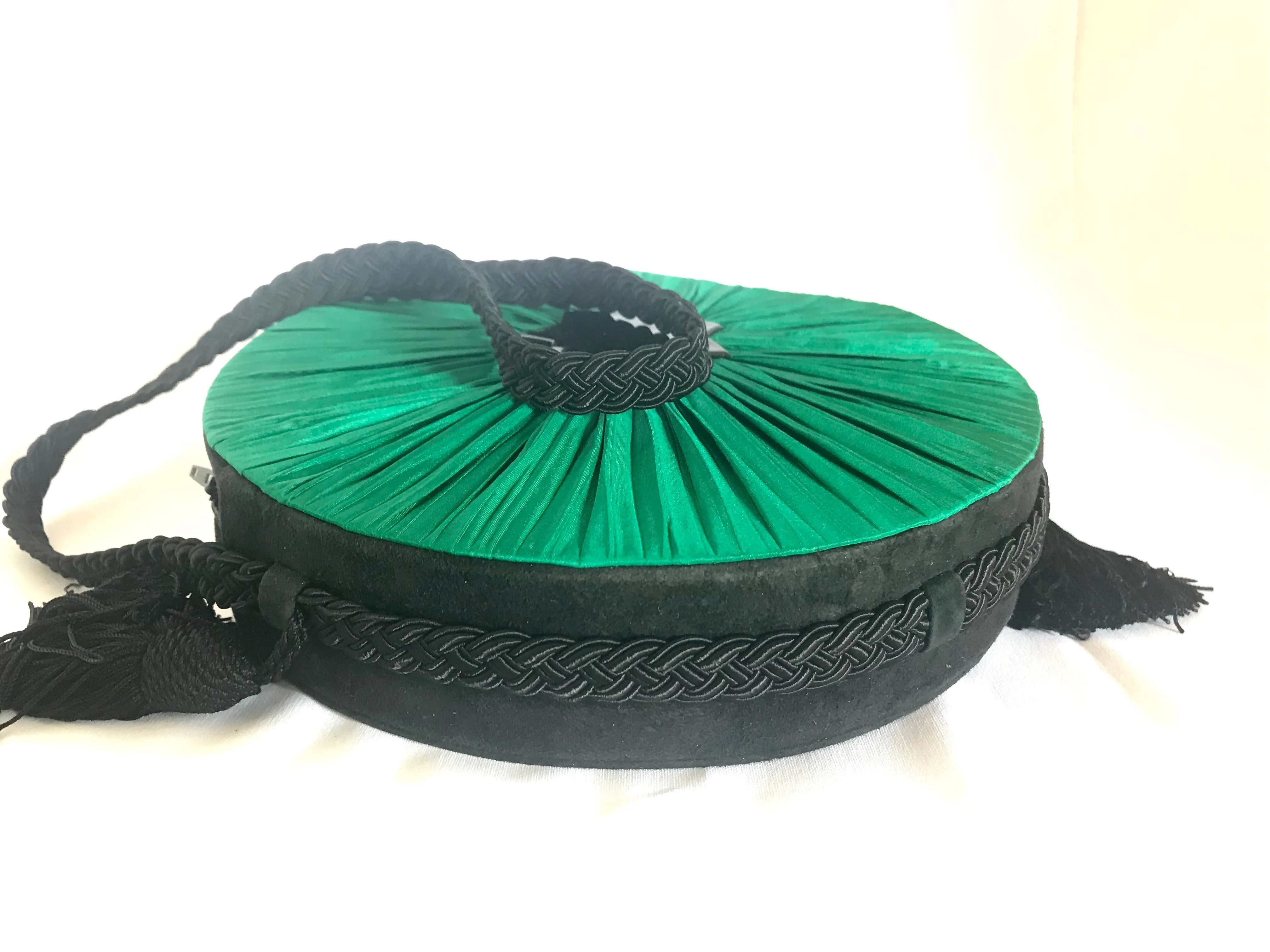 Vintage Nina Ricci black suede and green satin mix round shoulder bag with fringes and enamel star motif. Suzy Wong design. Collectible bag. 060616r3