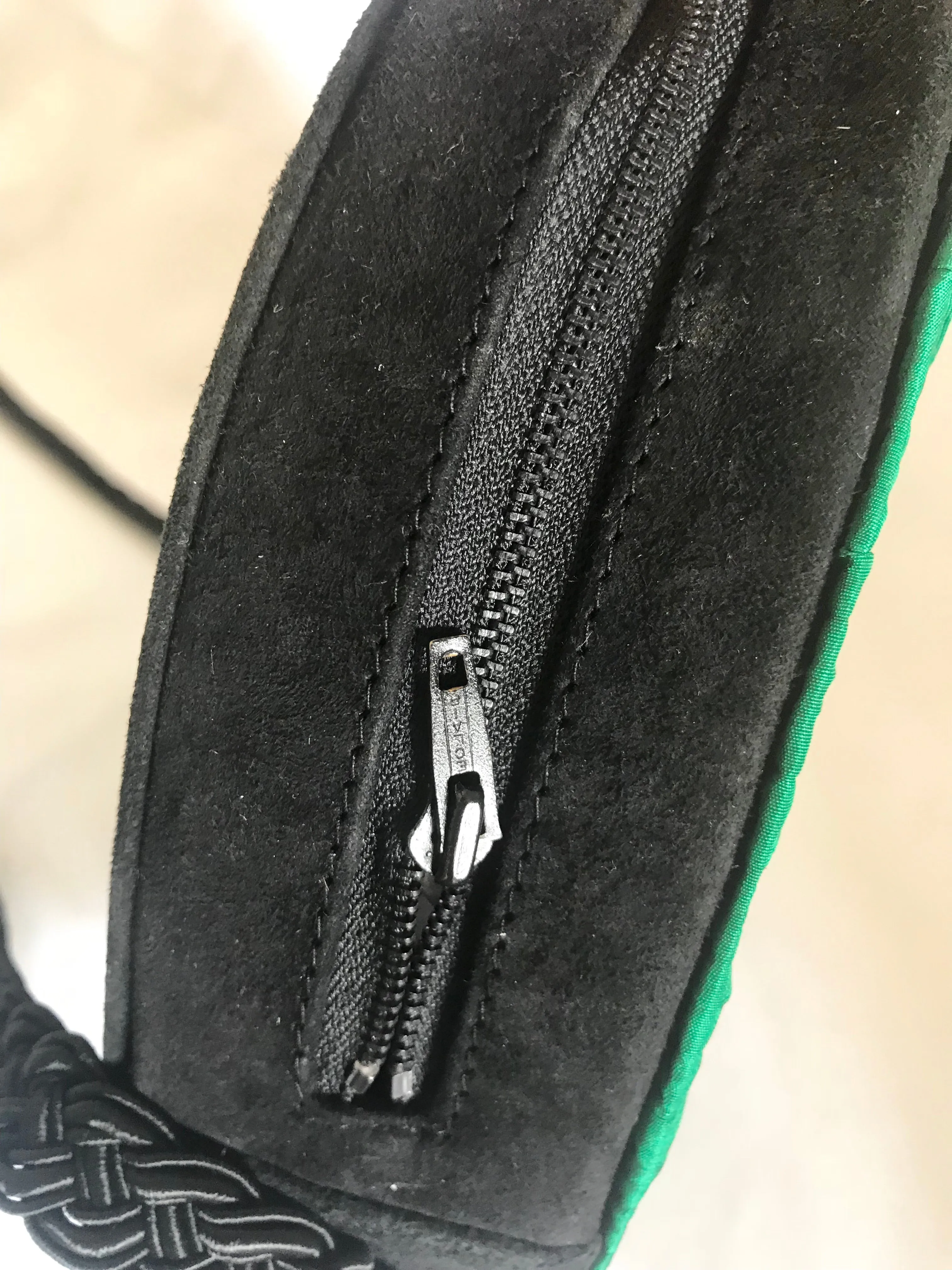 Vintage Nina Ricci black suede and green satin mix round shoulder bag with fringes and enamel star motif. Suzy Wong design. Collectible bag. 060616r3