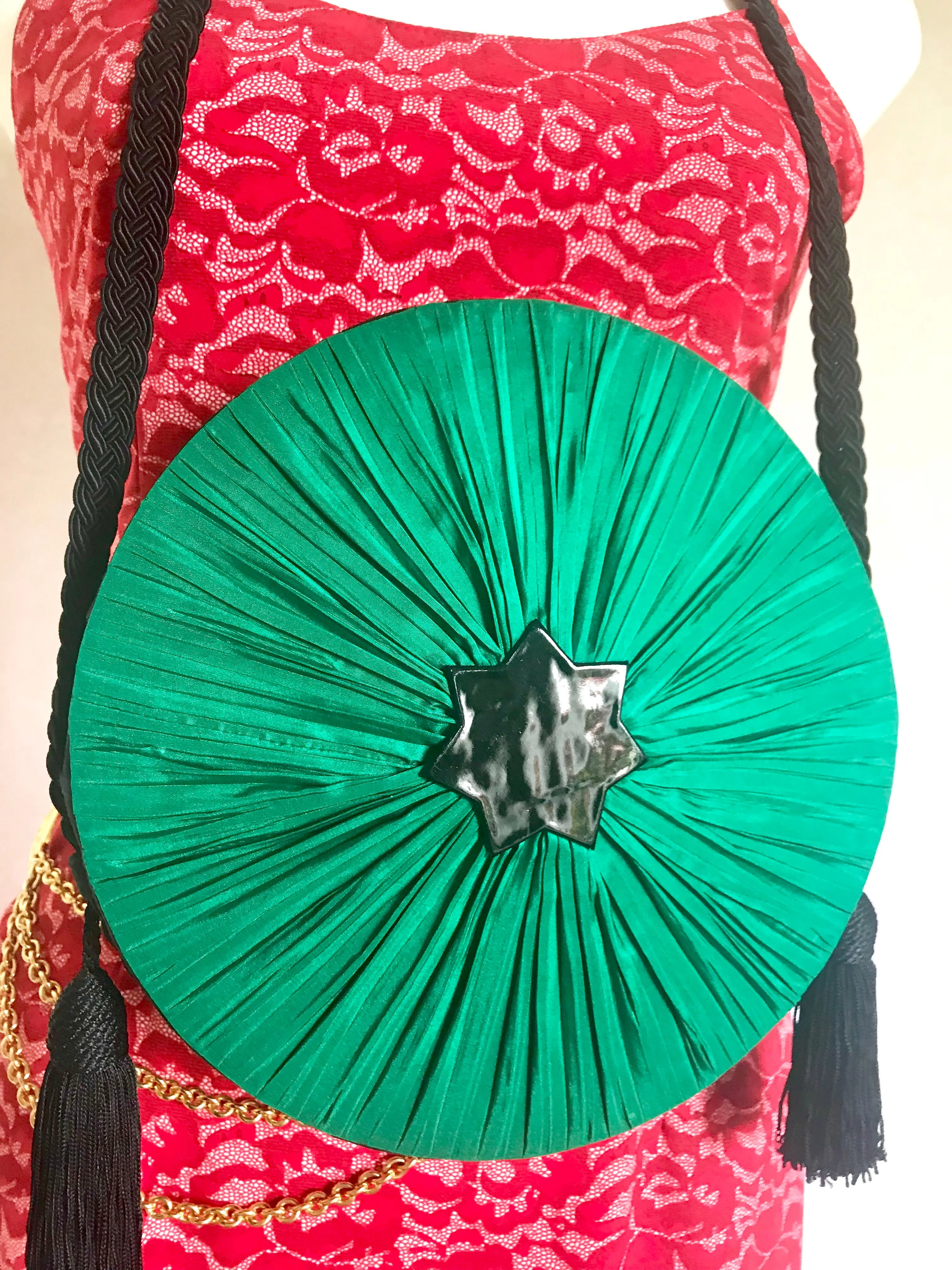 Vintage Nina Ricci black suede and green satin mix round shoulder bag with fringes and enamel star motif. Suzy Wong design. Collectible bag. 060616r3