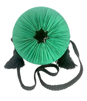 Vintage Nina Ricci black suede and green satin mix round shoulder bag with fringes and enamel star motif. Suzy Wong design. Collectible bag. 060616r3
