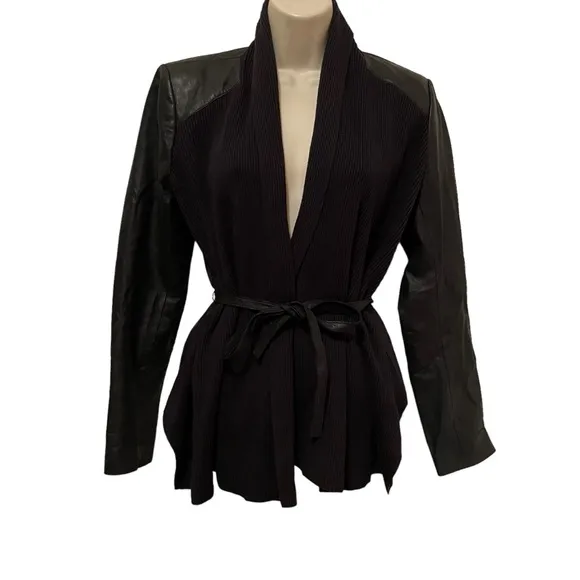 White House Black Market WHBM Open Front Cardigan Sweater with Leather &amp; K215nit