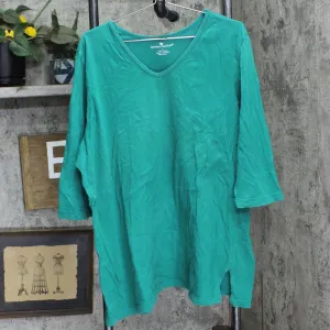 Woman Within Womens Plus Size V-Neck Cotton 3/4 Sleeve Tunic Shirt Top Green 1X