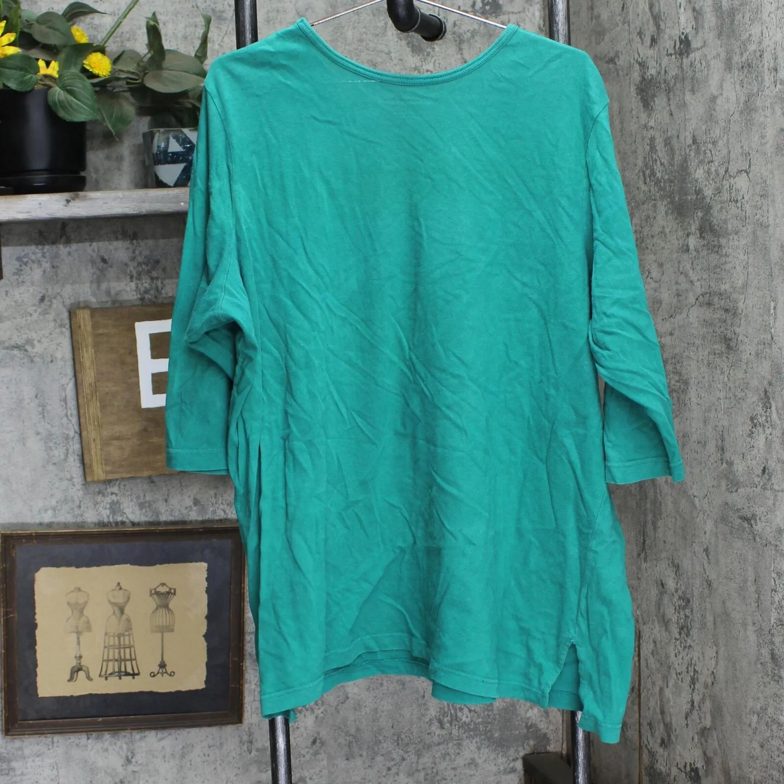 Woman Within Womens Plus Size V-Neck Cotton 3/4 Sleeve Tunic Shirt Top Green 1X