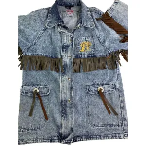 Womens 14 Western Fringe Acid Wash Denim Jean Jacket ALL GIRL RODEO Embroidery