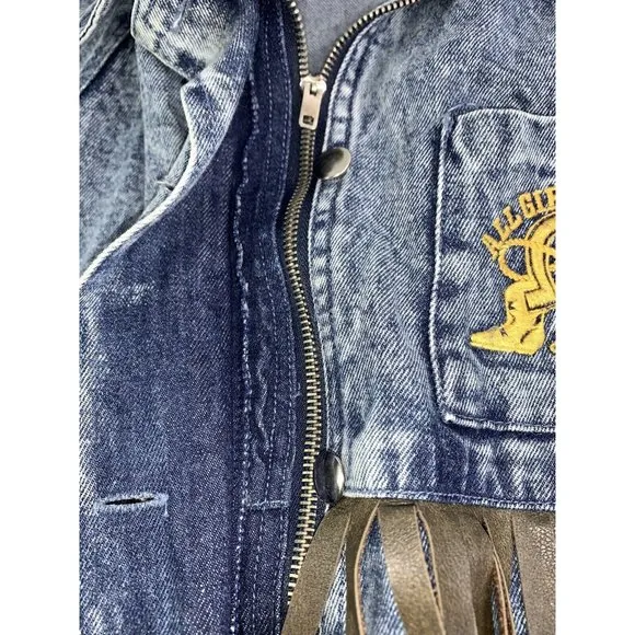 Womens 14 Western Fringe Acid Wash Denim Jean Jacket ALL GIRL RODEO Embroidery
