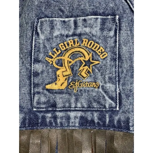 Womens 14 Western Fringe Acid Wash Denim Jean Jacket ALL GIRL RODEO Embroidery