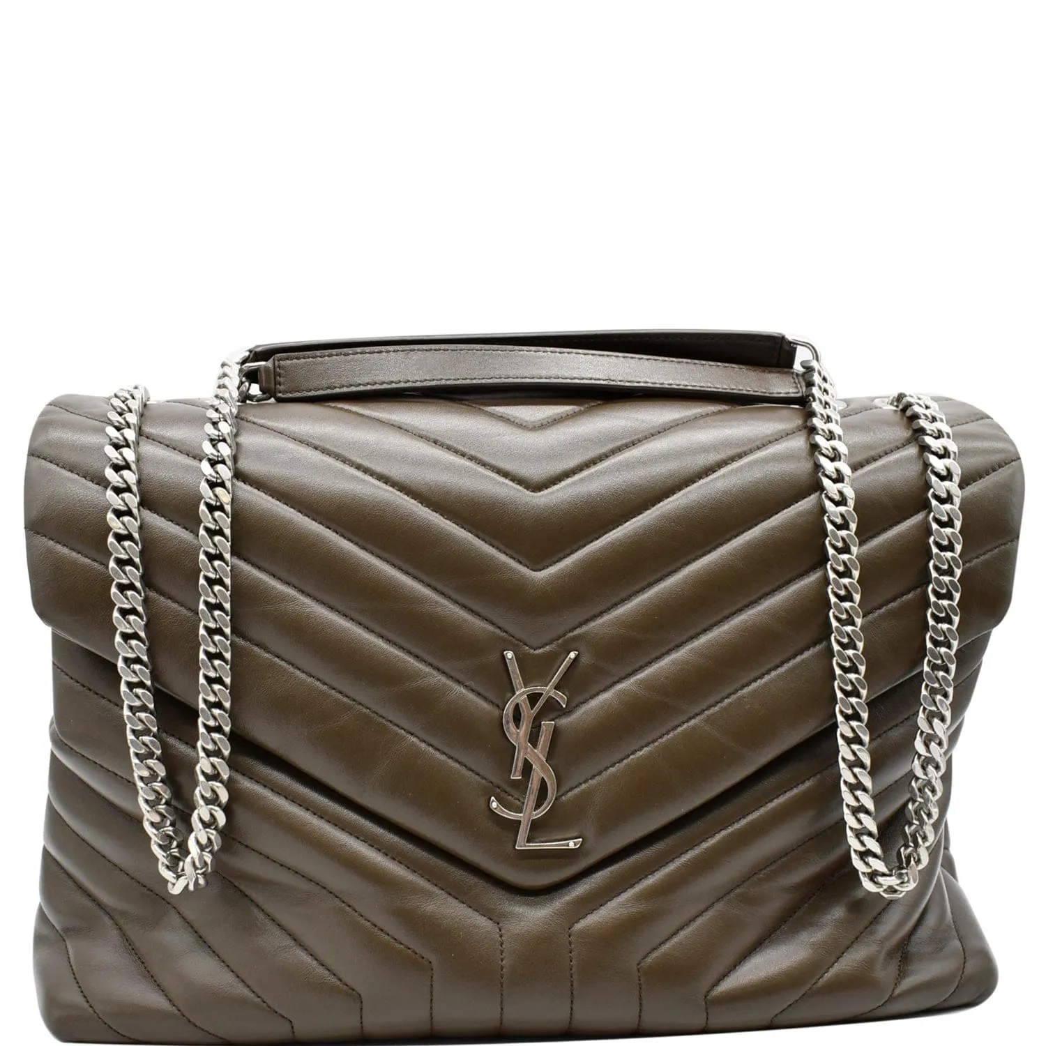 YVES SAINT LAURENT Large Loulou Calfskin Matelasse Chain Shoulder Bag Khaki Green